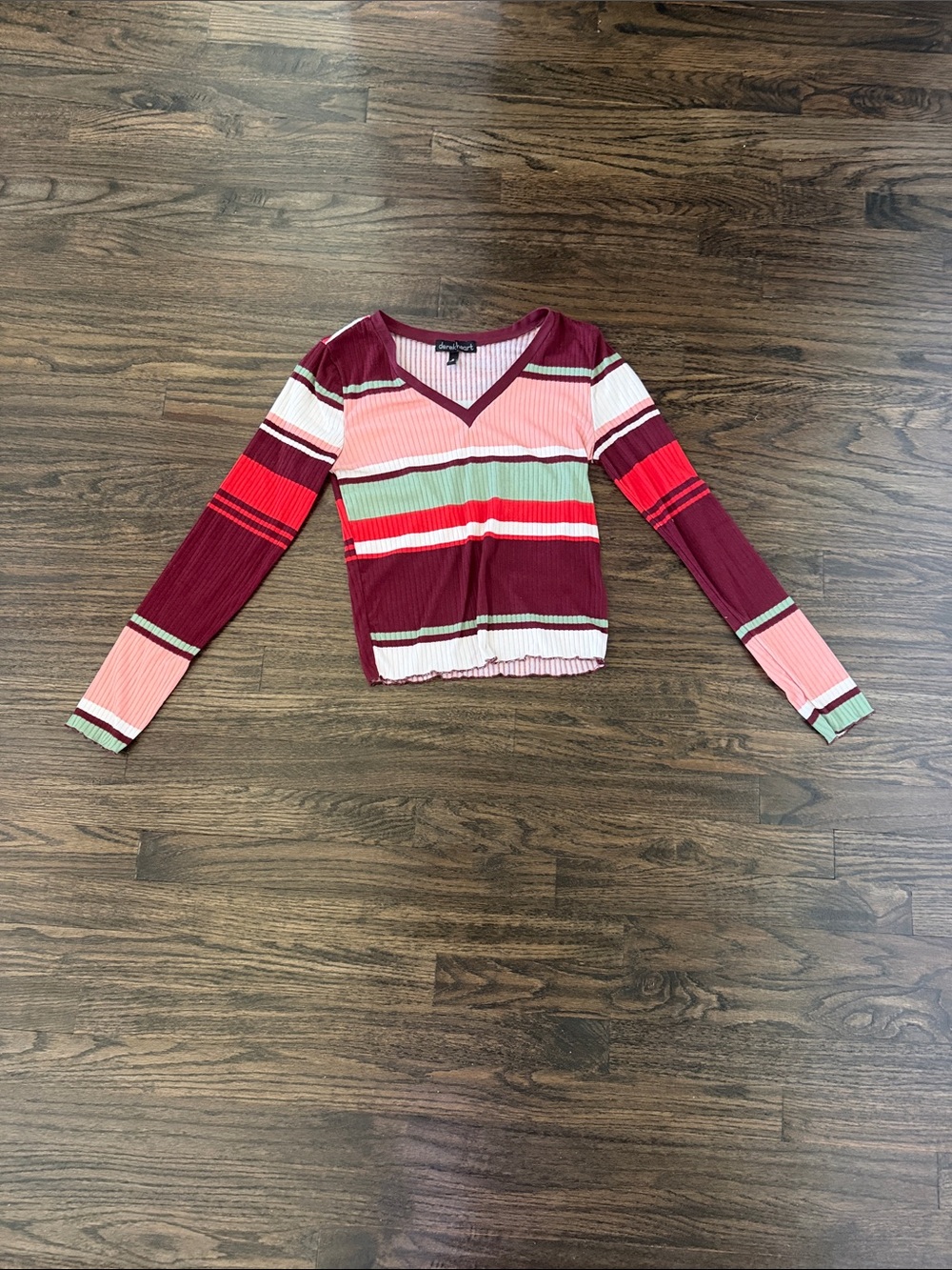 Derek Heart Striped V-Neck Long Sleeve Top in Burgundy, Pink, Red, Green